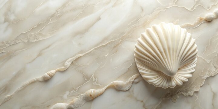 Elegant off-white seashell resting on a creamy marble surface with subtle veining