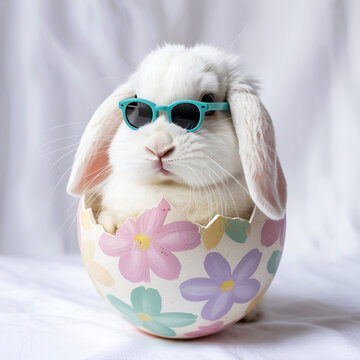 Adorable Lop-Eared Bunny Wearing Sunglasses Sitting Inside a Cracked, Colorful Easter Egg.
