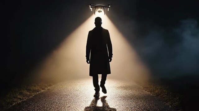 Drone spotlight captures silhouette man walking on foggy night road, aerial surveillance mood with mystery darkness and cinematic backlight