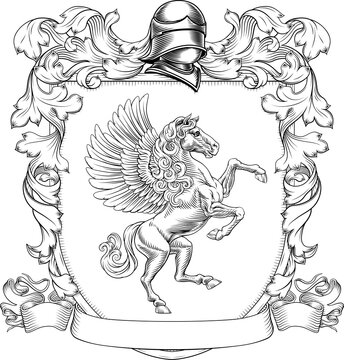 A Pegasus coat of arms or crest family heraldry medieval heraldic knight shield with helmet and acanthus filigree scroll ornament in a vintage woodcut style.