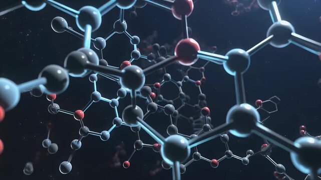 Abstract molecular structure visualization against a dark background.