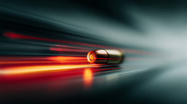 A sleek metallic bullet is vividly illuminated as it speeds through an abstract environment, leaving captivating trails of red and orange light in its wake.