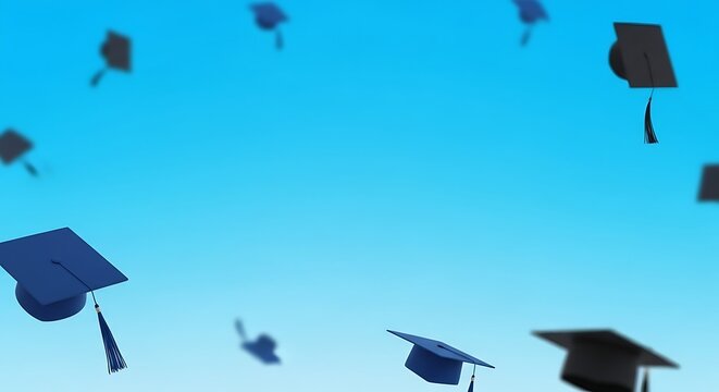 Graduation caps are flying through the air on a sunny day outside a university during a celebratory event with people.