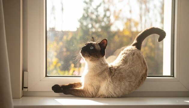 Cat stretching by window in natural light