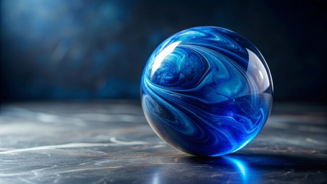 A mesmerizing cobalt blue sphere with swirling patterns rests on a dark, polished surface, reflecting light and creating an abstract, artistic composition.
