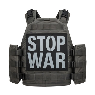 Tactical Body Armor Vest with Stop War Message on Grey Background
