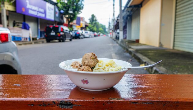 Authentic Indonesian bakso meatball soup with yellow noodles in a white bowl, served hot with steam on a wooden table at a traditional street food stall background.
