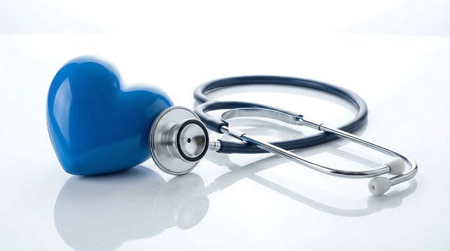 Blue heart and stethoscope on a reflective white surface representing cardiology medical care and commitment to heart health and wellbeing for patients.