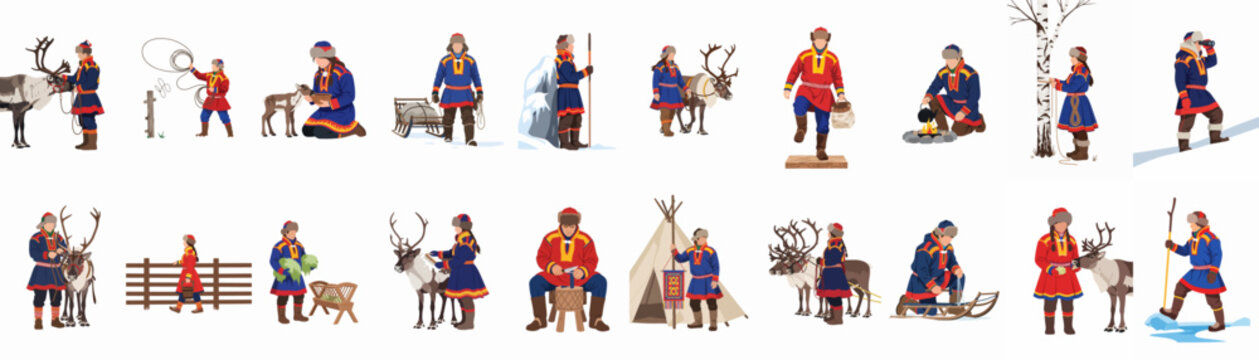 Collection of flat vector illustrations depicting Sami people in traditional clothing performing various cultural activities and reindeer herding in the Arctic winter.