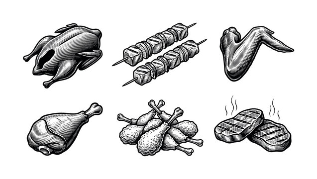 A set of hand drawn grilled meat and poultry illustrations in a vintage engraving style. Includes chicken, steak, and kebab. Perfect for restaurant menus, BBQ branding, or food packaging.