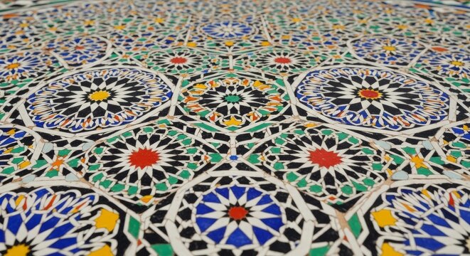 a stunning example of Moroccan zellige (or zellij), a traditional form of Islamic tilework. It features a complex array of hand-cut, glazed ceramic pieces arranged in perfectly symmetrical.
