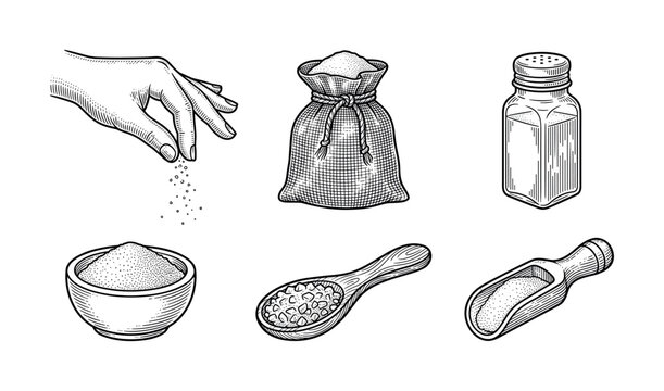 Retro hand-drawn vector set of salt icons. Features hand sprinkling, shaker, sack, spoon. Ideal for food packaging, recipe books, restaurant branding and menu design.