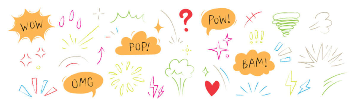 Hand drawn comic speech bubbles and abstract expression symbols like pow pop and bam for creative graphic design and pop art projects. Vector Illustration.