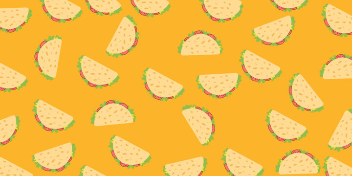 Seamless pattern of delicious mexican tacos with fresh lettuce and tomatoes on a vibrant yellow background for food packaging and restaurant branding. Vector Illustration.
