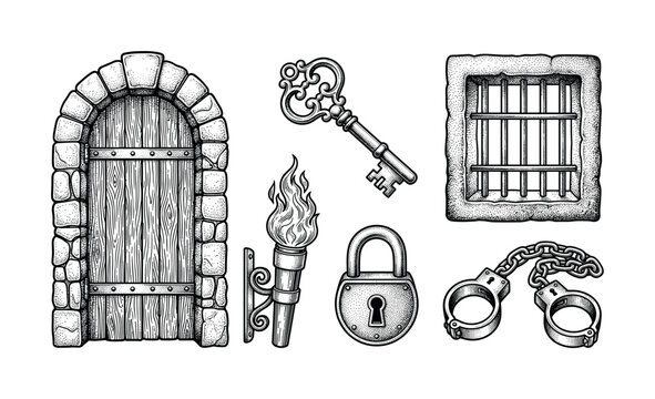 Set of medieval dungeon elements: door, key, window, torch, lock, handcuffs. Black and white engraving style vector illustration for fantasy, history, or escape room concepts.