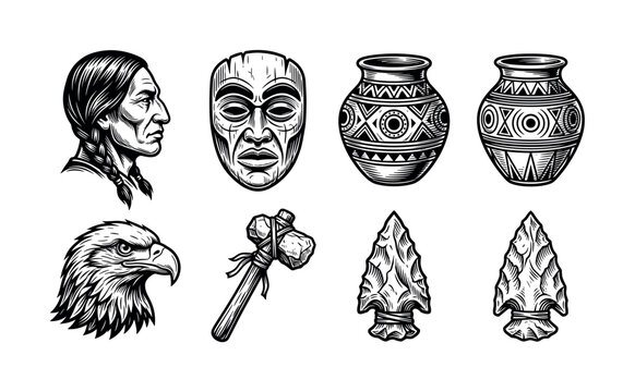 A monochrome vector set of Native American and tribal artifacts. Includes eagle, mask, pottery, arrowhead. Vintage engraving style perfect for logos, emblems, and cultural designs.