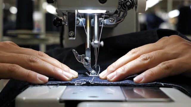 Close up of hands sewing black fabric on industrial machine
