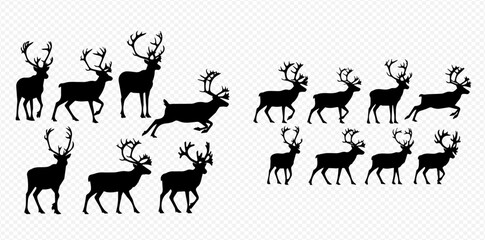 Set of black reindeer silhouettes in various poses, including walking, running, and standing, ideal for holiday designs. © Akun