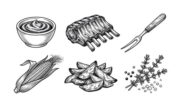 A hand-drawn set of BBQ food illustrations in a vintage engraving style. Includes grilled ribs, corn, potato wedges, and sauce. Ideal for menus, branding, and packaging.