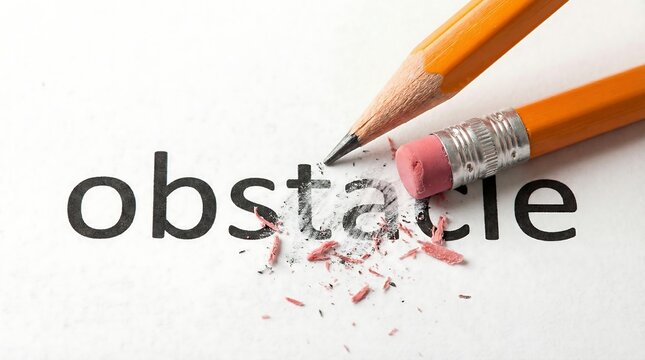 Eraser removing word obstacle from white paper, concept of overcoming challenges, problem solving, eliminating difficulties, and achieving goals successfully.