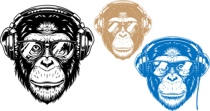 Cool chimpanzee head vector set, monkey wearing headphones and sunglasses, urban streetwear ape mascot illustrations in black blue and tan