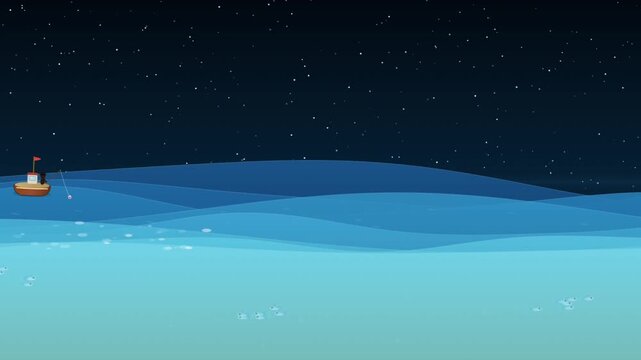 Peaceful midnight ocean landscape animation with starry night sky, water ripples, and silhouette boat