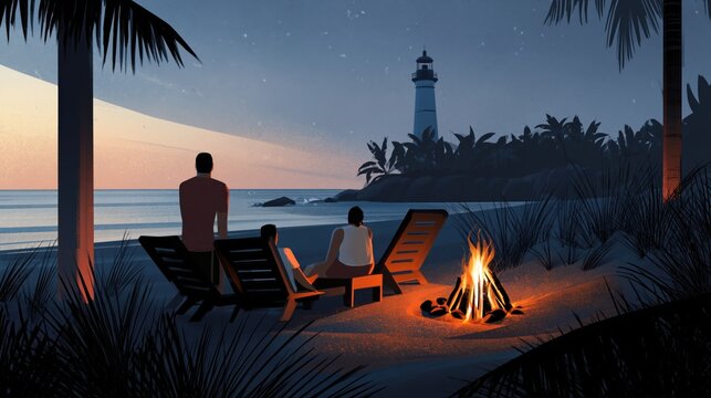 Tropical Beach Bonfire Night with Friends, Coastal Summer Vacation Travel and Relaxation Concept Illustration
