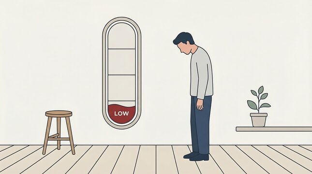 sad man standing with head down next to thermometer showing low on wall with stool and plant in room.