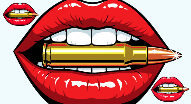 Pop art vector illustration of red lips biting a gold bullet, edgy comic book style mouth with teeth, aggressive female power concept art