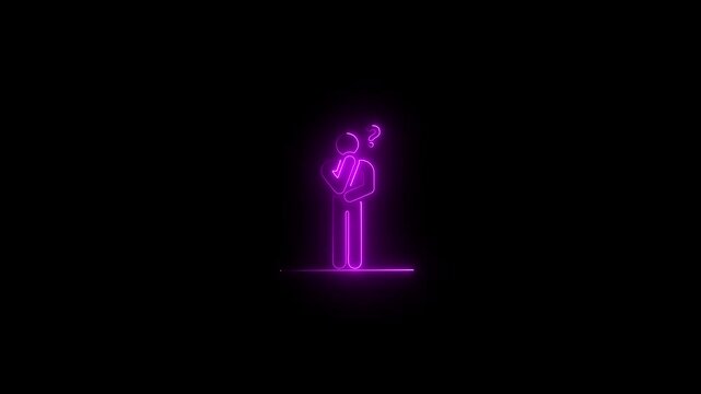 Neon thinking person animation: purple glowing stick figure with question mark for problem solving and creative concepts