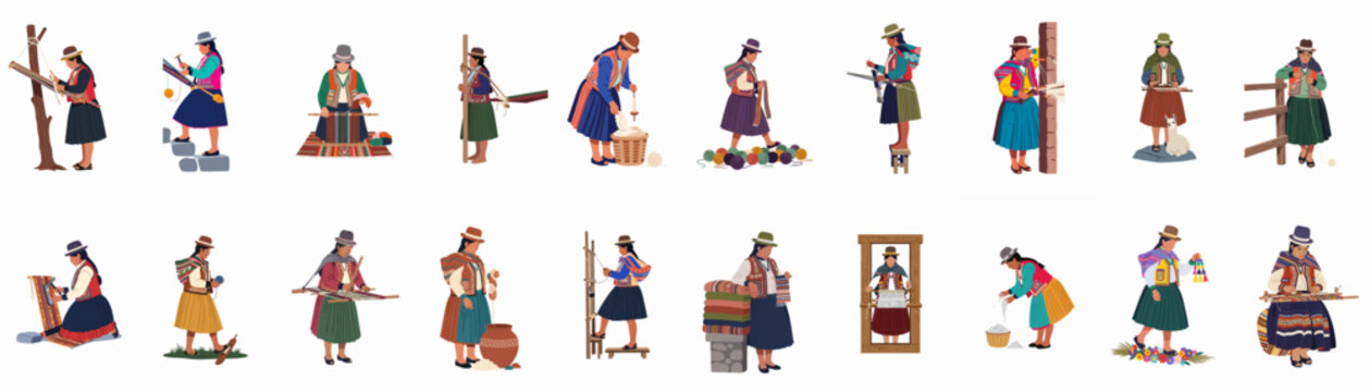 Set of flat vector illustrations of Andean women in traditional dress performing textile crafts like weaving, spinning wool, and working on looms.