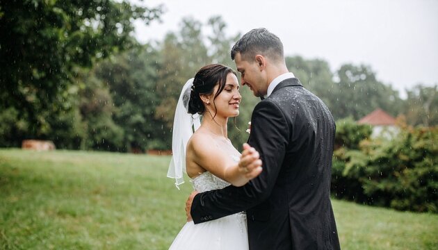 Couple dancing outdoors on wedding day