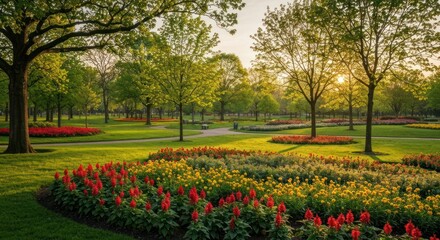Obraz premium Park scene with vibrant flower beds, sunlight through trees, and a winding path