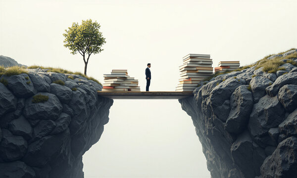 Knowledge Bridge Success Businessman stands on a book plank connecting two cliffs over a deep chasm with copy space