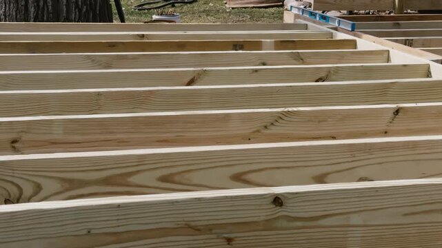 Wooden floor joists installed in parallel during construction of a deck or house frame. Structural framing stage