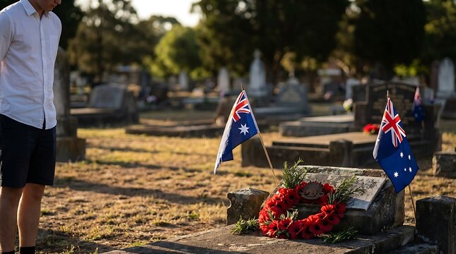 A man stands in a quiet cemetery during a solemn tribute with australian flags and red flowers