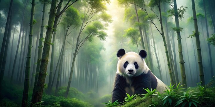 A solitary ursine creature with distinctive black and white markings gazes serenely from amidst a dense, misty forest of tall, slender green stalks reaching towards a bright, hazy sky.