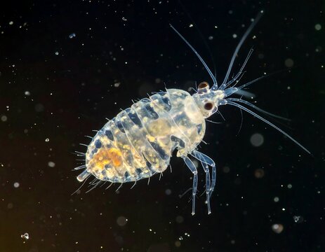 A microscopic view of a small, translucent, multi-legged creature