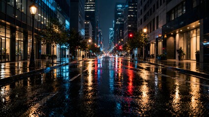 Fototapeta premium Wet city street reflecting colorful night lights