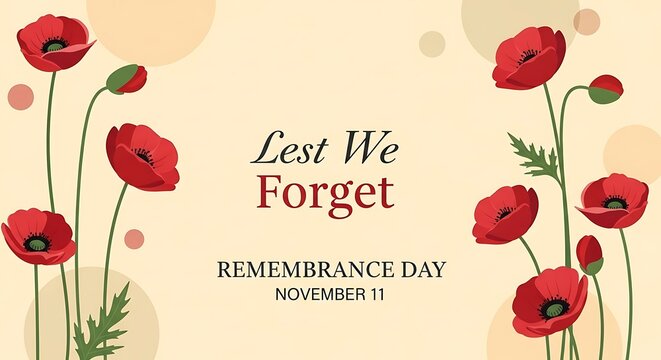 A respectful remembrance day graphic featuring red poppies and the phrase lest we forget text