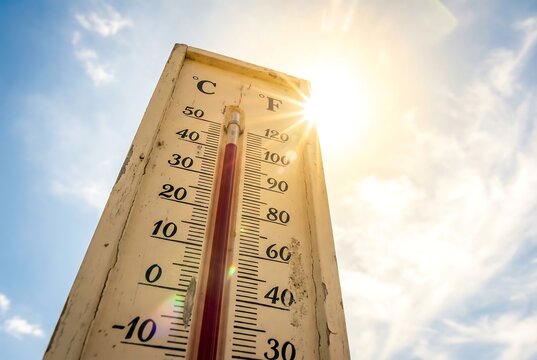 Thermometer showing high temperature on a sunny day with bright sun and blue sky, heat wave alert, summer weather.