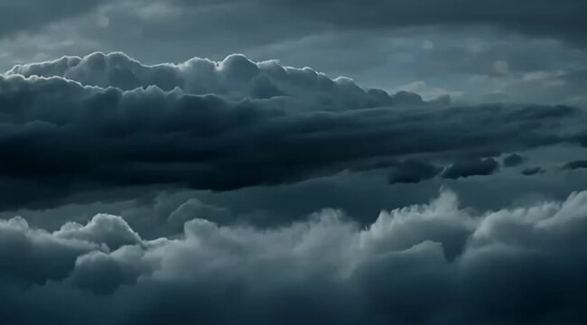 Cinematic dark storm clouds, moody blue sky background, dramatic heavy cloudscape