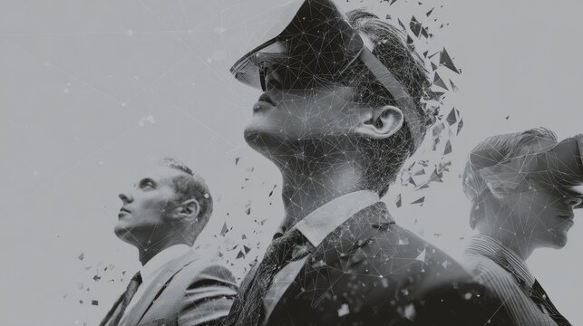 Businessmen Wearing VR Headsets Experiencing Digital Reality With Pixelated Effects And Particles In Studio