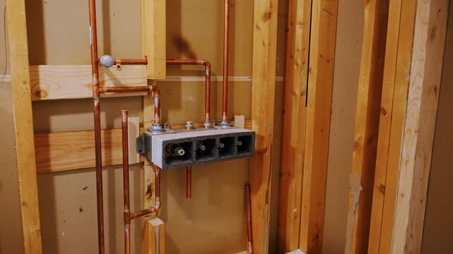 Plumbing system with copper pipes and valve manifold installed inside wall framing