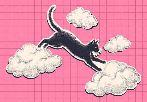 Black Cat Jumping through Clouds in Retro Halftone Collage Style