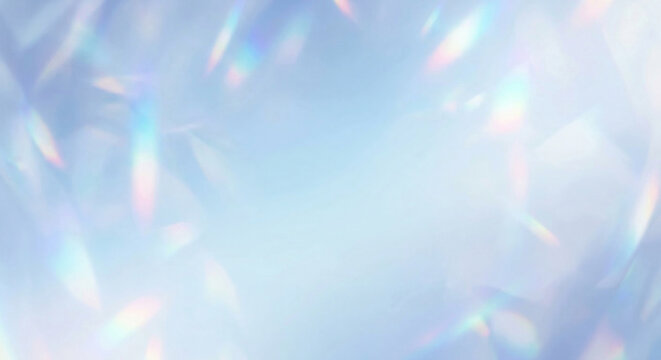 クリスタルの輝きと虹色のプリズムが交差する幻想的な水色の抽象背景 Generative AI