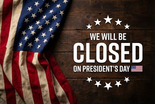 American flag draped on dark textured background announcing closure for presidents day holiday with stars and stripes.