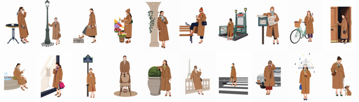 A comprehensive collection of flat illustrations featuring a woman in a stylish trench coat engaged in various Parisian lifestyle activities during autumn.