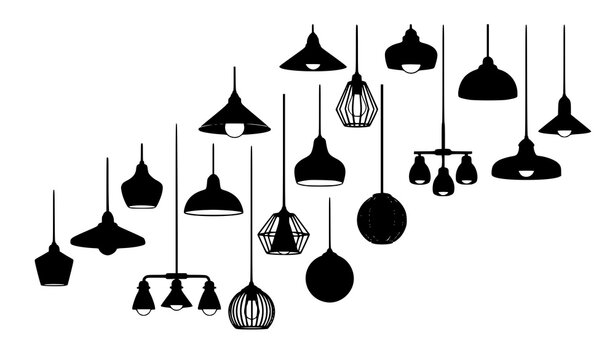 Modern pendant light silhouettes black vector icons diverse ceiling lamps for interior decoration