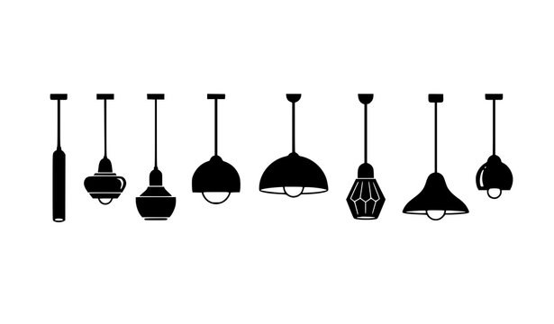 Minimal geometric pendant light silhouettes black vector row for ceiling lamp and interior design icons